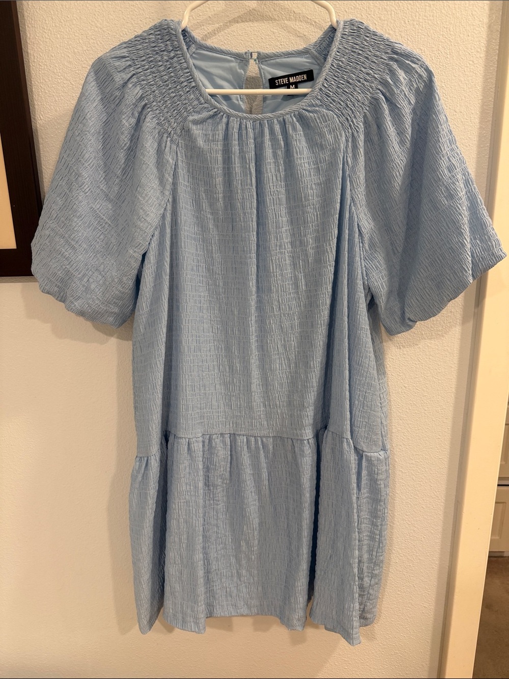 Steve Madden Pale Blue Smocked Neck Tiered Mini Dress